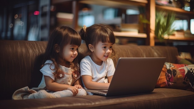 Die Kinder benutzen Laptop im Wohnzimmer