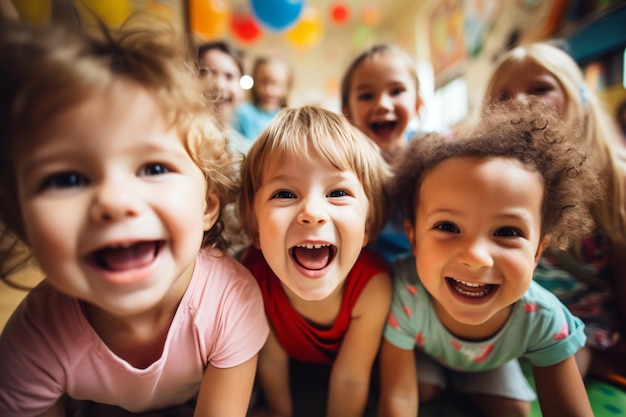 Foto die kinder im kindergarten drängelten sich zusammen und lächelten in die kamera