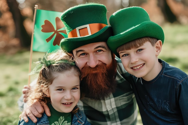 Die Kinder tragen eine grüne Koboldmütze, einen Bart und ein Kleeblatt