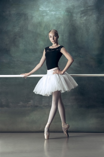 Die klassische Ballerina posiert an der Ballettstange