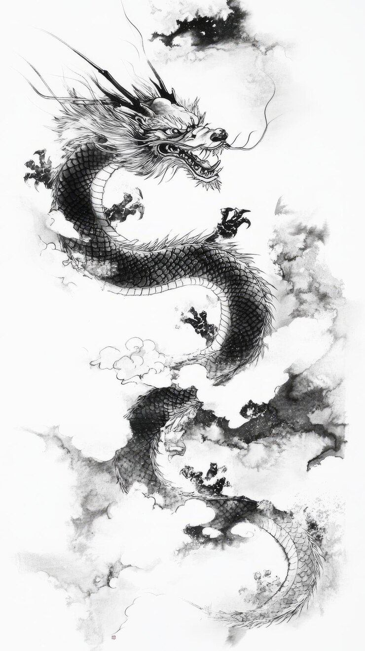 Die komplizierte Darstellung des schwarz-weißen Drachen