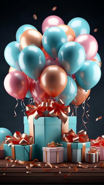 Die kreative Ballon-Überraschungskomposition vereint eine Geschenkbox und lebendige fliegende Luftballons Vertical Mobi