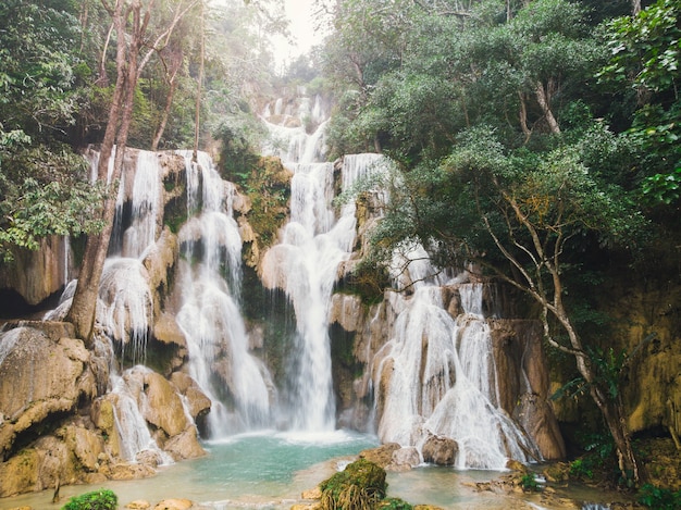 Die Kuang Si-Wasserfälle oder als Tat Kuang Si-Wasserfälle bekannt. Diese Wasserfälle sind ein beliebter Abstecher für Touristen in Luang Prabang mit einem türkisblauen Pool