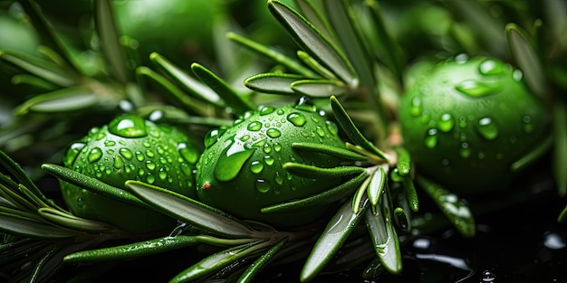 Die Kunst der Natur: Kräuter und Blätter mit glänzenden Wassertropfen