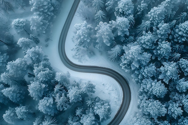 Die kurvenreiche Straße durch den schneebedeckten Wald