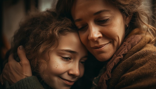 Die lächelnde Mutter umarmt die süße Tochter, die von der KI generiert wird