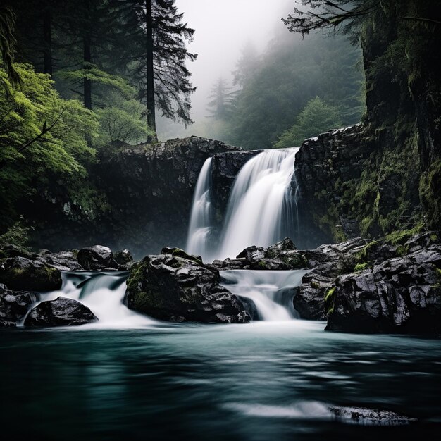 Die Landschaft des überwolkten Cascade Moody-Wasserfalls