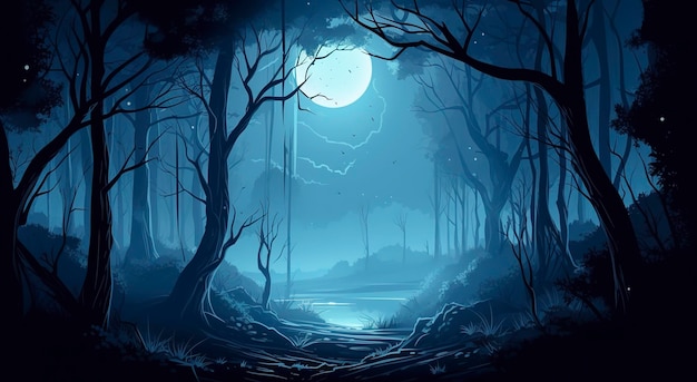 Die Landschaft eines gruseligen Waldes bei Nacht im Stil eines realistischen blauen Himmels, skurrile Illustration, detaillierte Hintergründe, kostenlose Pinselführung, generiert KI