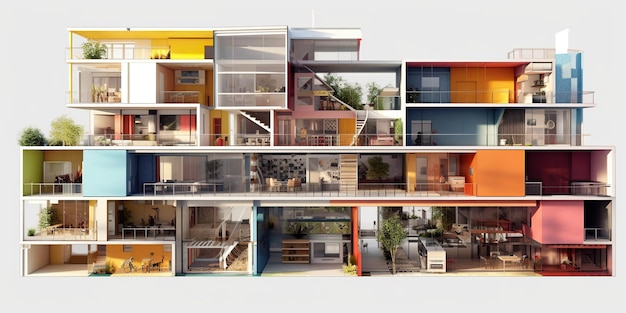 Die lebendige Farbskizze zeigt den modernen Wohnbauplan. Klare Linien, zeitgenössische Architektur, funktionelles Layout und Komfort. Generative KI