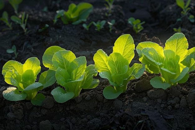 Die lebendige grüne Reihe von Salatpflanzen begrüßt die Morgensonne in einem Frühlingsgarten