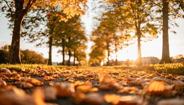 Die lebendige Herbststraße bedeckt den Boden mit goldenen Farbtönen und einem ruhigen Ambiente.