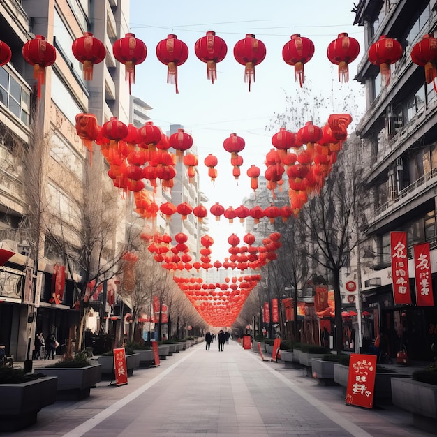 Die lebendige Straße von Shanghai ist für die Feierlichkeiten des chinesischen Neujahrs geschmückt. Farbige Laternen und festliche Dekorationen schaffen eine lebhafte Atmosphäre.