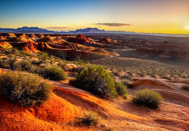 Foto die lebendigen farben einer wüstenlandschaft bei sonnenuntergang, die rote felsformationen hervorheben