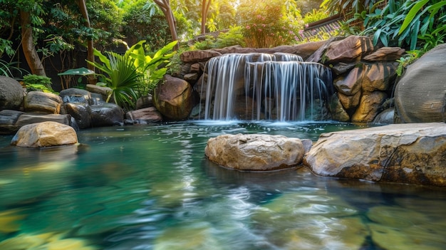 Die lebendigen Farben und Texturen des Wasserfalls und der umliegenden Felsen bilden einen atemberaubenden Kontrast