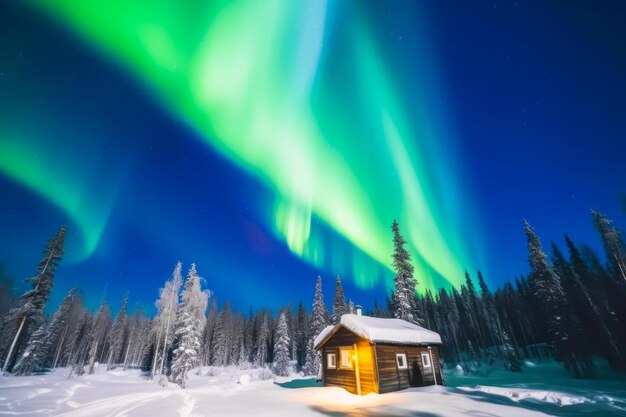 Die lebendigen Farbtöne der Nordlichter malen eine atemberaubende Kulisse für das Holzhaus, in dem sich