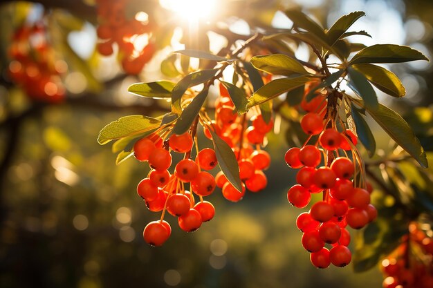 Die lebendigen roten Beeren schmücken den realistischen Busch auf dem Foto