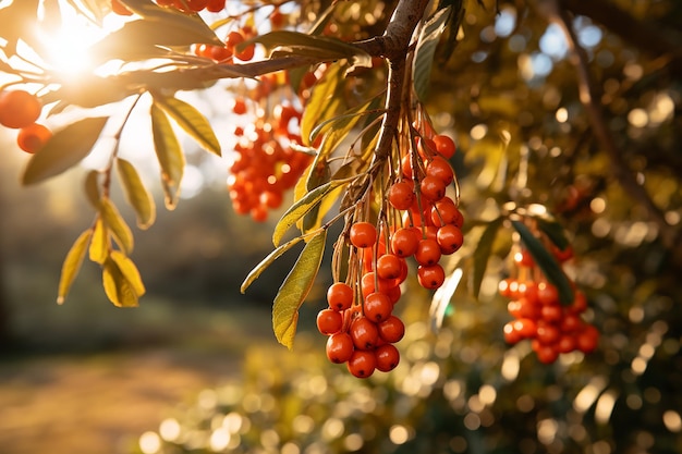 Die lebendigen roten Beeren schmücken den realistischen Busch auf dem Foto