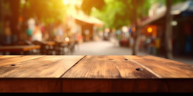 Die leere hölzerne Tischplatte mit verschwommenem Hintergrund des Cafe im Freien an der Straße Exuberantes Bild