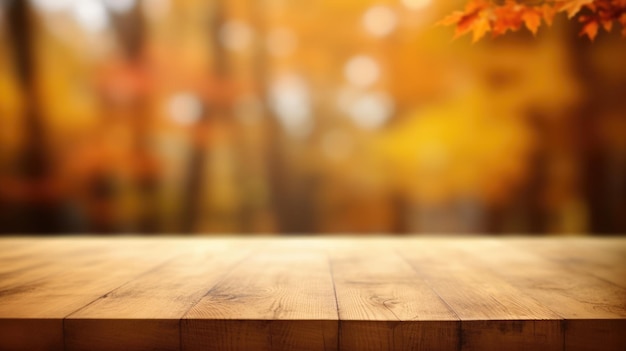 Die leere hölzerne Tischplatte mit verschwommenem Hintergrund des Herbstes üppig