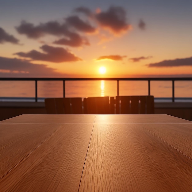 Die leere Holztischplatte mit einem von KI generierten Sonnenuntergangsfoto-Unschärfehintergrund