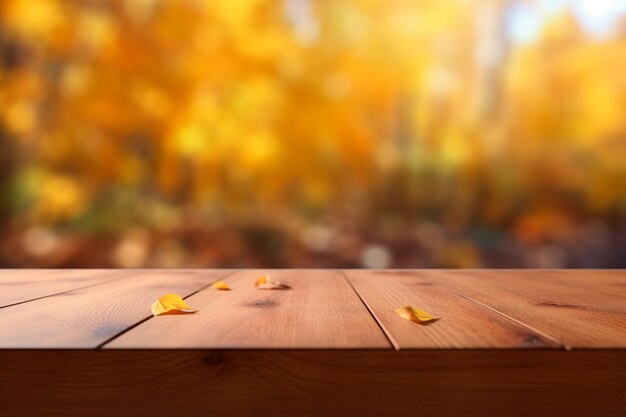 Die leere Holztischplatte mit unscharfem Hintergrund der Herbstlandschaft des von der KI erzeugten Parks