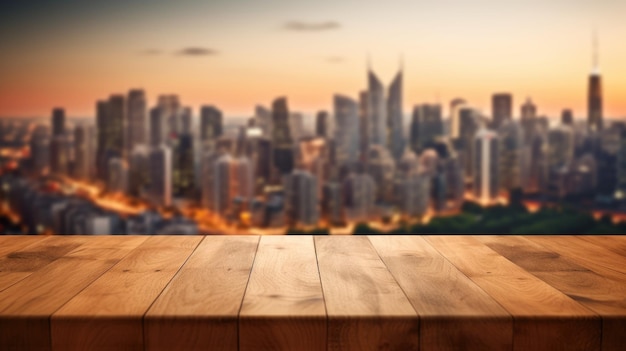 Die leere Holztischplatte mit verschwommenem Hintergrund der Skyline der Stadt Üppiges Bild