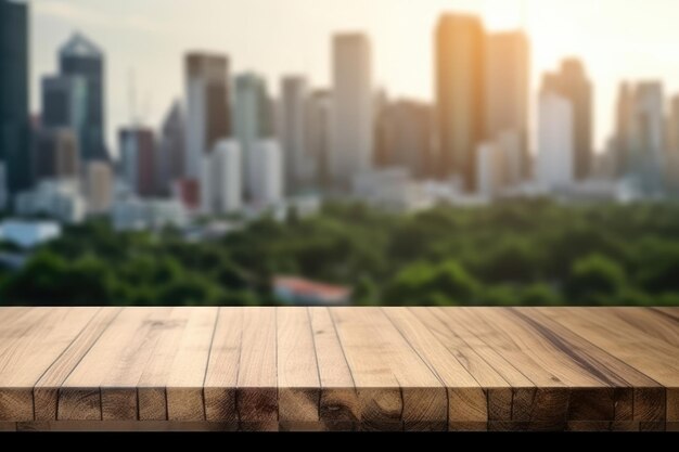 Foto die leere holztischplatte mit verschwommenem hintergrund des geschäftsviertels und bürogebäudes im herbst. überschwängliches bild