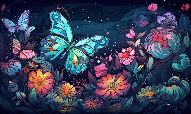 Die leuchtenden Farben der Blumen und Schmetterlinge vor dem blauen Hintergrund. Erstellen mit generativen KI-Tools