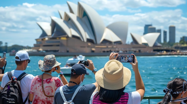 Die Leute machen Fotos des Sydney Opera House, das Wetter ist sonnig und das Wasser ruhig.