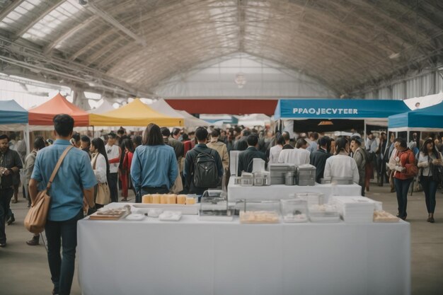 Foto die leute schauen sich wissenschaftsmessen an.