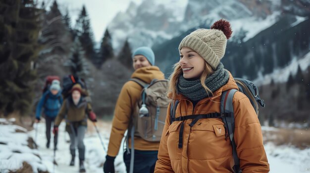 Foto die leute wandern in den bergen, sie tragen warme kleidung und rucksäcke, die frau vorne lächelt.