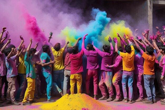 Die Leute werfen Holi-Farben auf