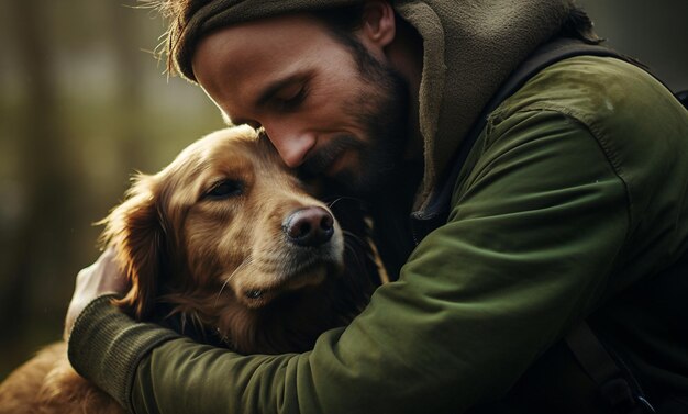 Die Liebe eines Mannes und seines Hundes in einer zarten Umarmung feiern