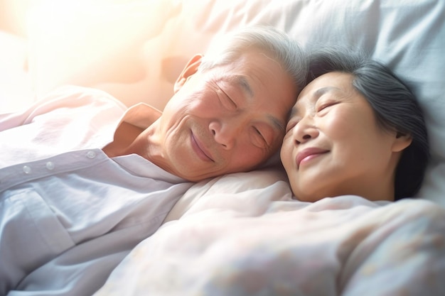 Die Liebe lebt ewig, ein älteres asiatisches Paar zu Hause, ein hübscher älterer Mann und eine attraktive alte Frau genießen es, Zeit zusammen zu verbringen, während sie im Bett liegen.