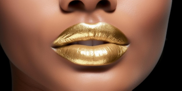 Die Lippen einer Frau sind goldfarben bemalt und unten rechts steht das Wort Lippenstift.