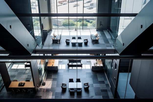 Die Lobby des neuen Gebäudes ist ein modernes Bürogebäude mit einer großen Glaswand, die den Blick auf die Lobby freigibt.
