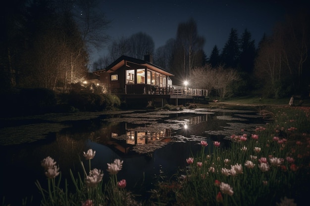 Die Lodge bei Nacht mit Blumen und einem Teich im Vordergrund