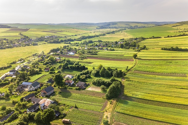 Die Luftaufnahme eines kleinen Dorfes gewinnt im Frühjahr viele Häuser und grüne landwirtschaftliche Felder mit frischer Vegetation nach der Aussaat an einem warmen, sonnigen Tag.