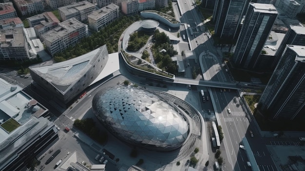 Die Luftaufnahmen bieten einen faszinierenden Blick auf das geschäftige Stadtzentrum mit seinen hoch aufragenden Wolkenkratzern, den belebten Straßen und der pulsierenden, von KI erzeugten Energie