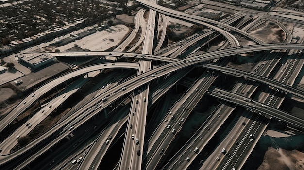 Die Luftperspektive zeigt den pulsierenden Verkehrsfluss an einem belebten Autobahnkreuz in Los Angeles, wo Autos und Lastwagen auf die Spur wechseln. Generiert durch KI