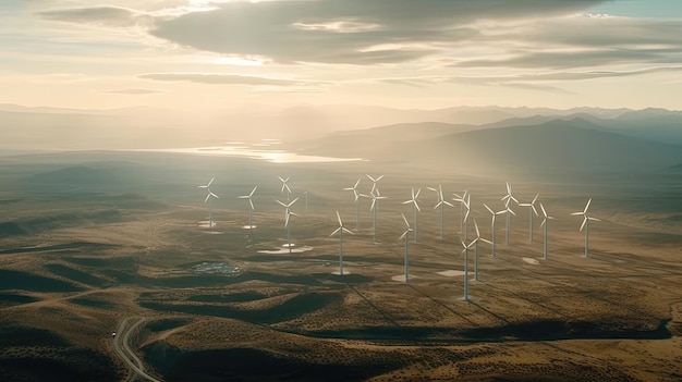 Die Luftperspektive zeigt die gewaltigen Ausmaße eines riesigen Windparks, in dem eine Vielzahl von Windturbinen in die Höhe ragen. Generiert durch KI