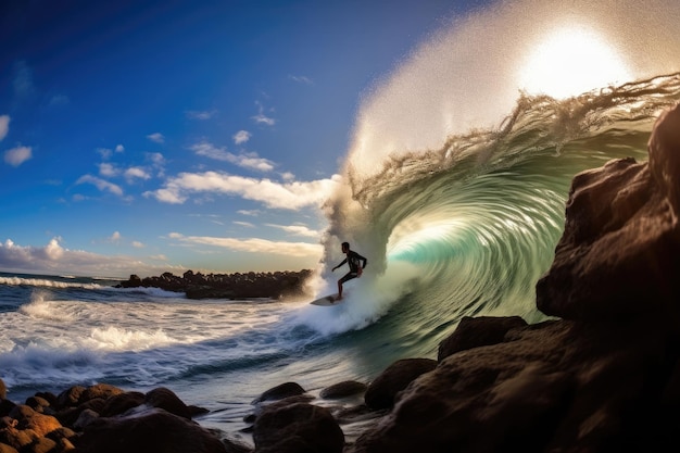 Foto die mächtige wellenwelle in der waimea-bucht von hawaii