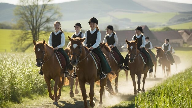 Die Mädchen reiten auf Pferden