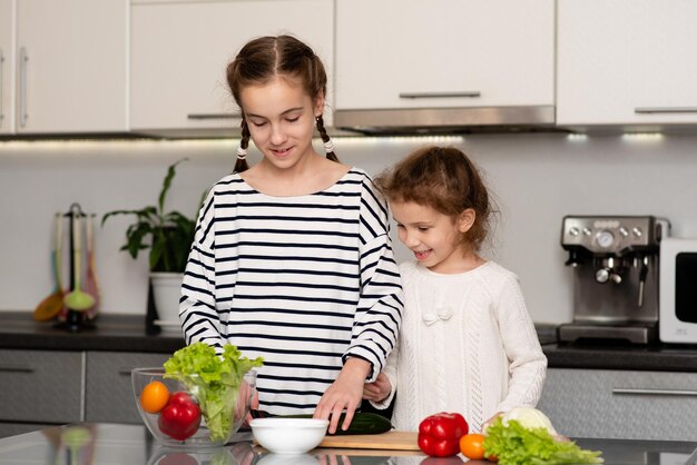 Die Mädchen von zwei süßen Schwestern schneiden einen Salat aus frischem GemüseDas Konzept der gesunden Ernährung Gesunde Ernährung