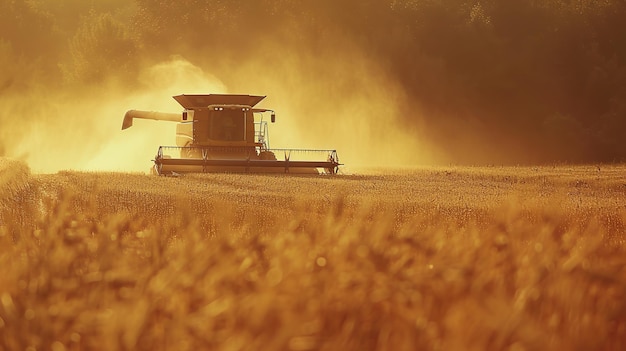 Foto die mähdresche geht durch das feld und sammelt und legt die ernte ab