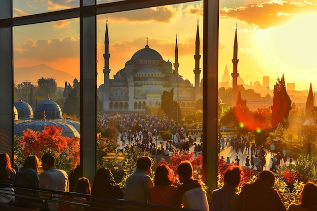 Foto die majestät der moschee eid al-adha in silhouette am fenster