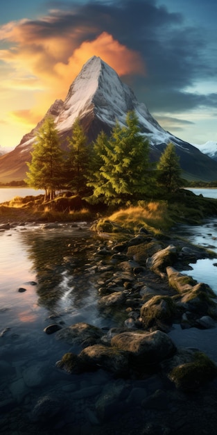 Die Majestät der Natur Ein atemberaubender Berg mit Blick auf einen ruhigen See