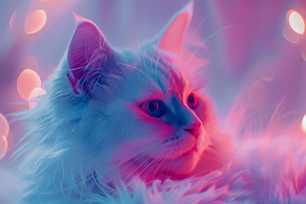 Die majestätisch blauäugige Katze in einer farbenfrohen, traumhaften Umgebung mit sanften Lichtern und rosa-blauen Farbtönen