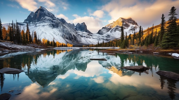 Die majestätische Bergkette spiegelt den ruhigen blauen Teich wider
