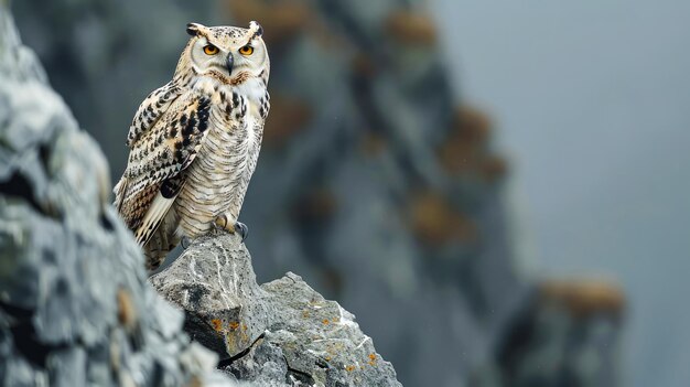 Die majestätische Eule sitzt auf einem Felsvorsprung mit weichem Waldhintergrund in einer natürlichen Wildnis.